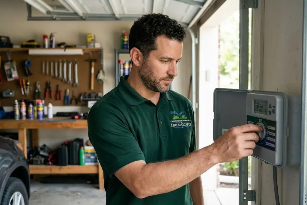Dreamscapes technician confirming run times and watering days on an irrigation controller during a service visit