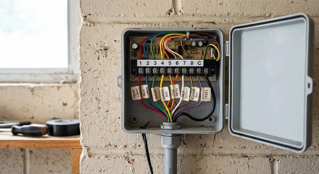Open irrigation controller showing eight numbered zone terminals with each wire labelled for its watering zone