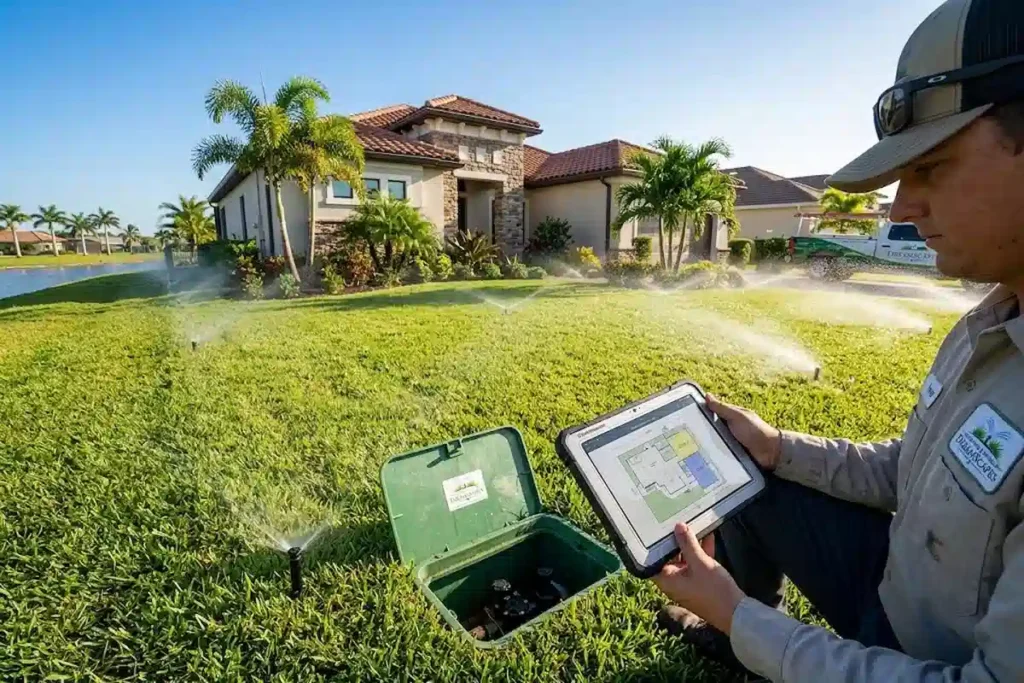 Dreamscapes technician comparing the irrigation zone plan on a tablet with the valve box while the system runs