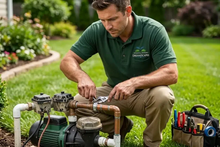 Dreamscapes technician working on an irrigation pump and pressure switch during a service call in Palm Coast
