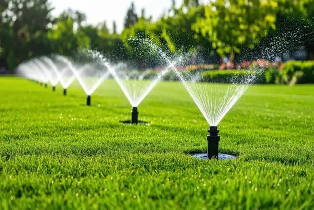 Row of pop-up sprinkler heads watering a green lawn with even coverage in Palm Coast, FL