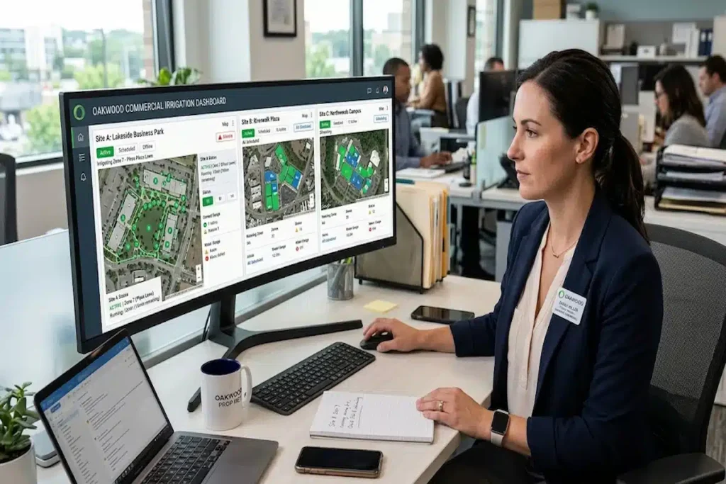 Property manager monitoring irrigation zones across three commercial sites from a single control dashboard