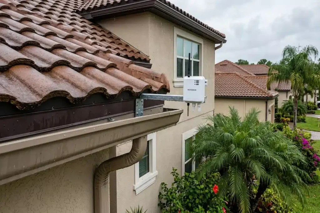 Rain sensor mounted on a bracket clear of the roofline with open sky above so it reads rainfall accurately