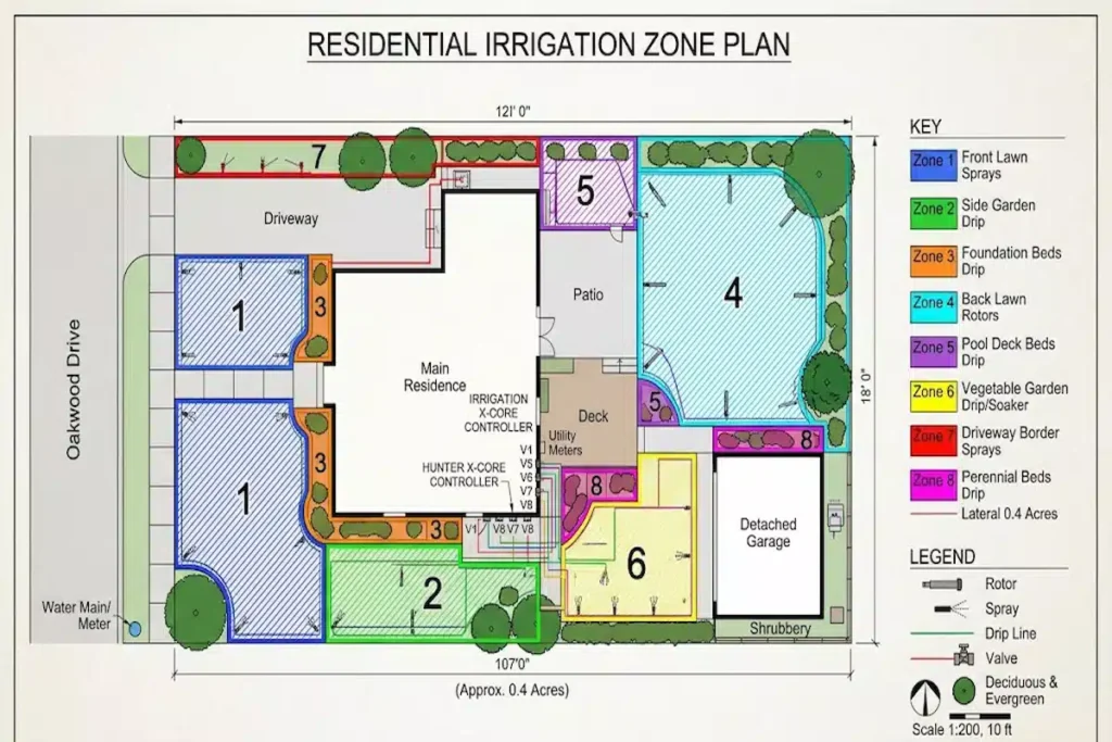 Scaled irrigation design drawing marking zone boundaries, head types, valve positions, and controller placement