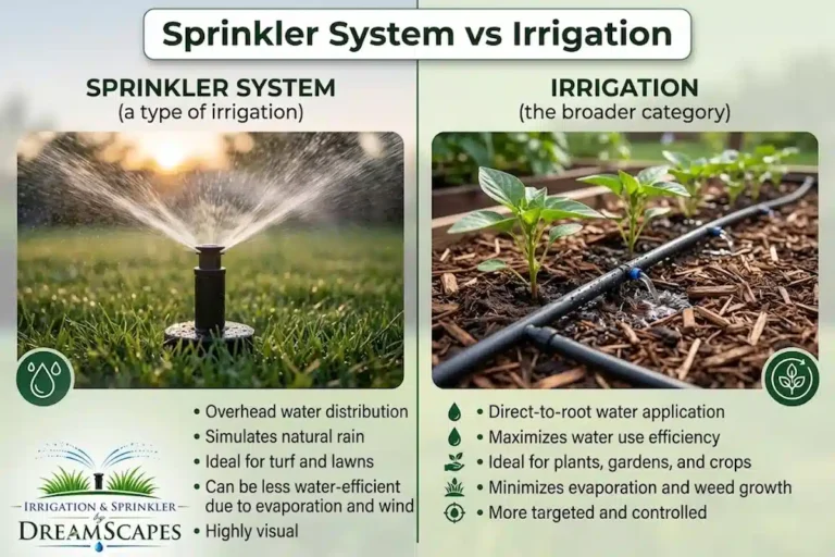 Image showing a side by side differnece Sprinkler System vs Irrigation
