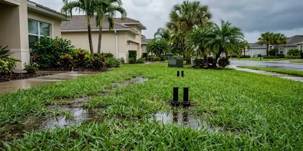 Wet Palm Coast lawn after rainfall with sprinkler heads sitting idle because the smart controller skipped the watering cycle