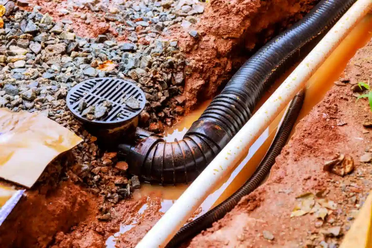 A close shot features a drainage system being installed, with black and white corrugated pipes laid in a trench of red dirt. A black grate sits atop a drain surrounded by gravel, suggesting water management or construction work.