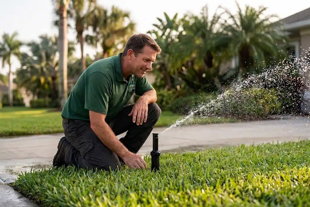 Dreamscapes technician watching a sprinkler head run during an irrigation maintenance visit in Palm Coast