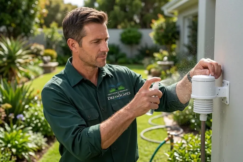 Dreamscapes technician spraying water on a rain sensor to confirm the irrigation system shuts down after rainfall
