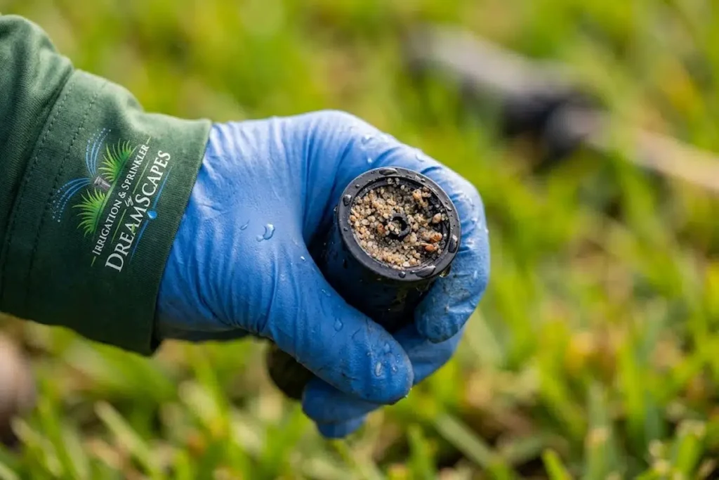 Dreamscapes technician holding a sprinkler head with sand packed into the nozzle, a common failure in Florida soil