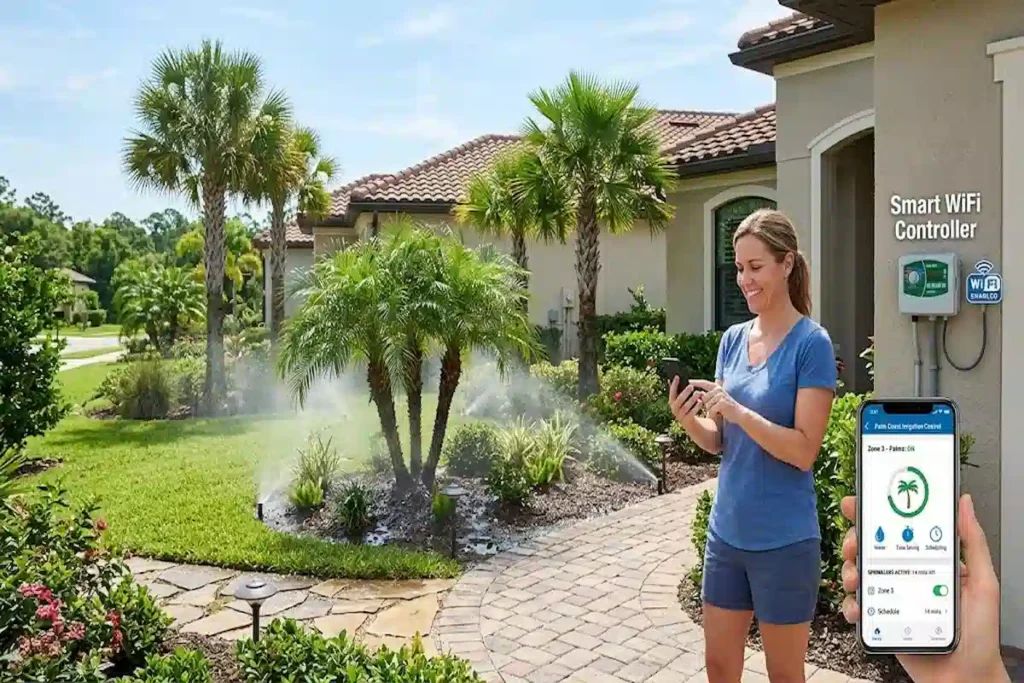 Palm Coast homeowner controlling her sprinkler zones from a phone app while a smart WiFi irrigation controller runs the system