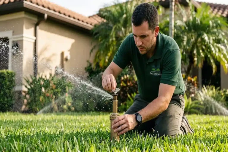 Dreamscapes technician adjusting the spray arc on a running pop-up sprinkler head during a service visit in Palm Coast