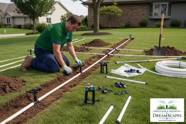 Dreamscapes technician installing a sprinkler head and PVC irrigation line in a Palm Coast lawn