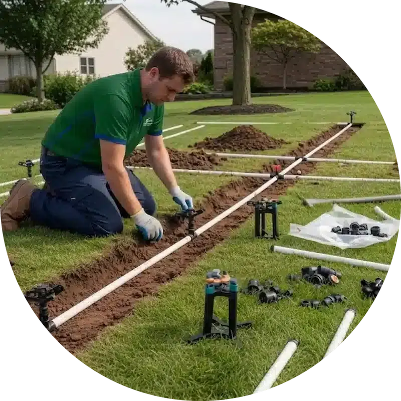 Irrigation technician fitting a sprinkler head to PVC mainline in a freshly trenched lawn during a new system installation