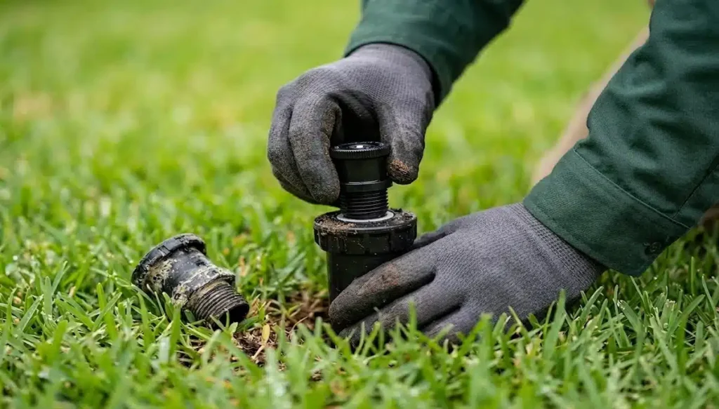 Dreamscapes technician fitting a replacement nozzle to a sprinkler head with the worn original resting beside it