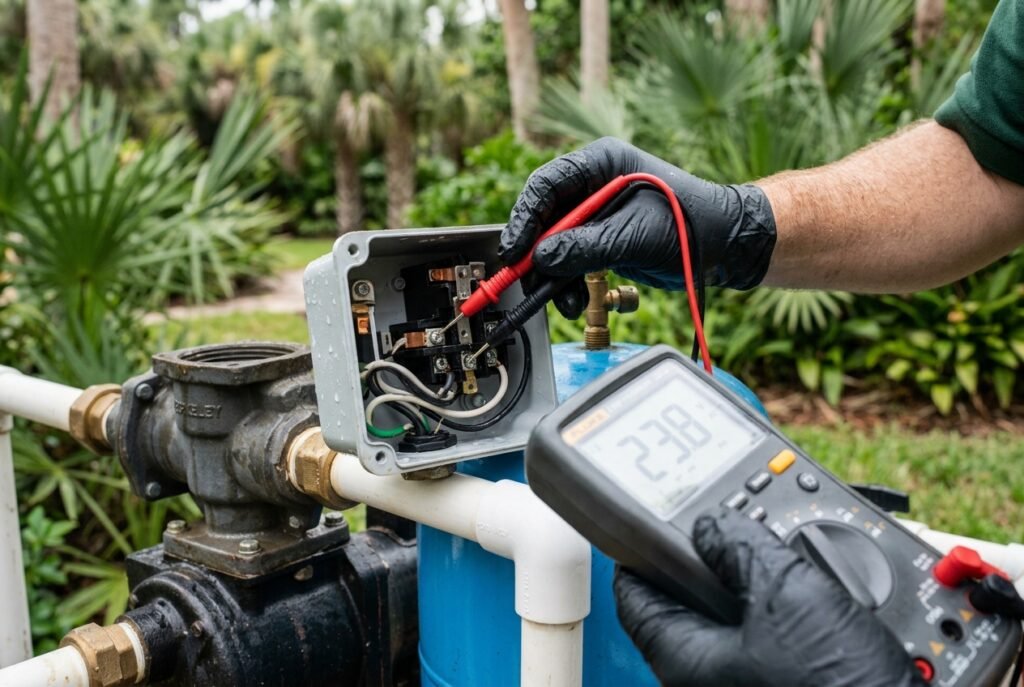 Dremscapes Technician testing pump wiring and pressure switch contacts with a multimeter during a service call