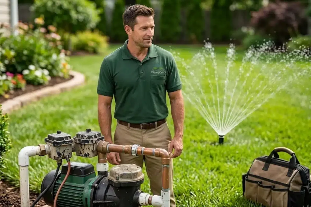 Dreamscapes technician beside a serviced irrigation pump with the sprinkler system running again