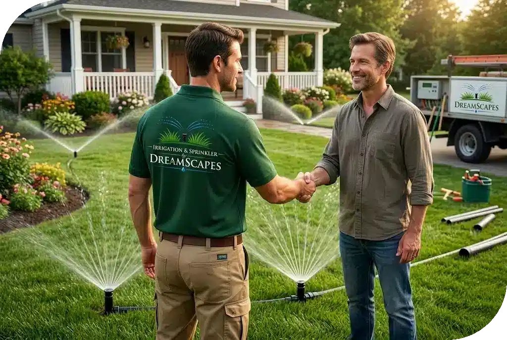 Irrigation technician shaking hands with a homeowner beside a newly installed sprinkler system running on a Palm Coast lawn