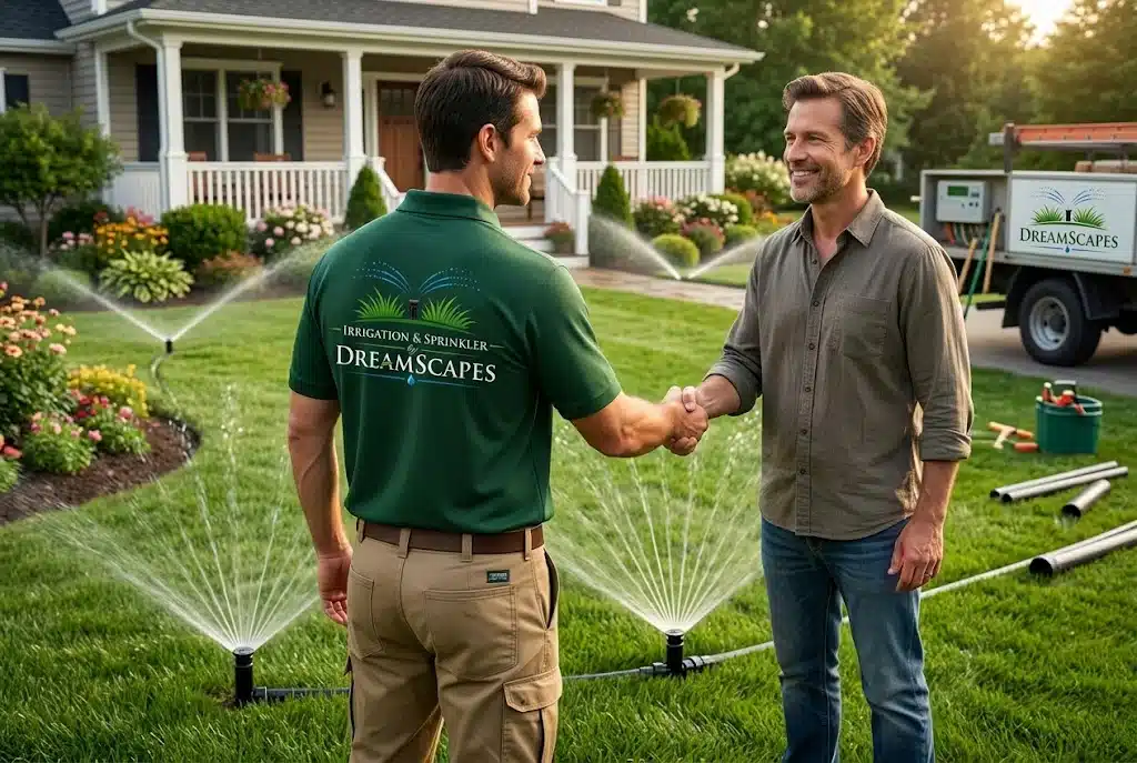 Dreamscapes technician shaking hands with a homeowner after a sprinkler system installation in Palm Coast, FL