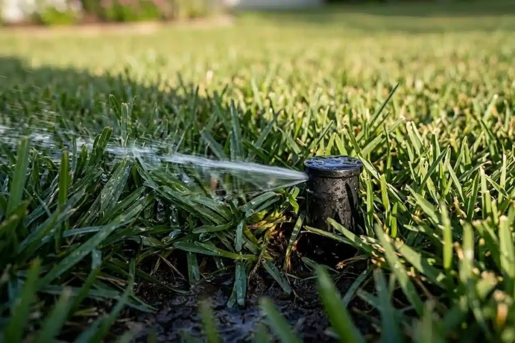 Pop-up sprinkler head sunk below grade spraying sideways into surrounding grass instead of over the lawn