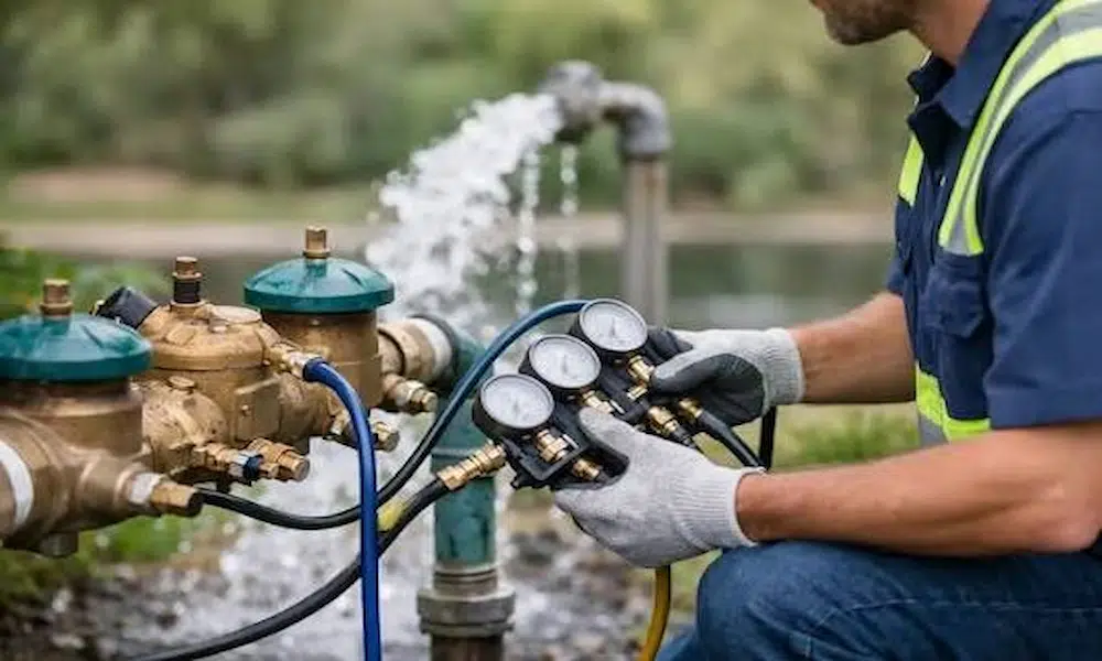 Technician testing a double check valve (DCV) backflow preventer with a gauge test kit in Palm Coast, FL"