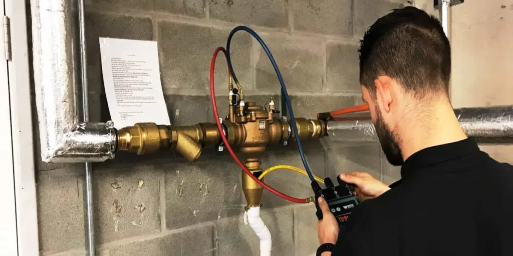 Irrigation and sprinkler Technician testing a reduced pressure zone (RPZ) backflow preventer with a digital differential pressure test kit