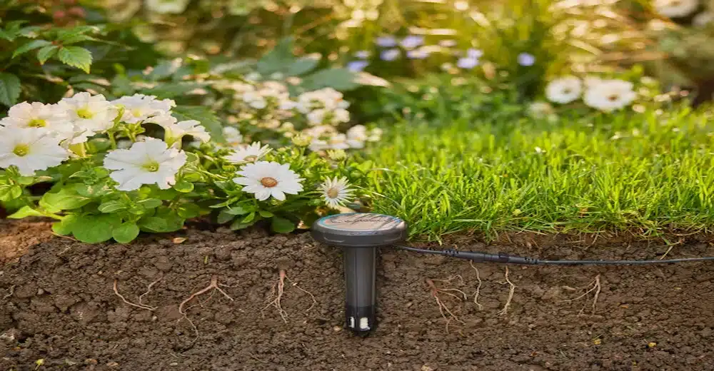 Smart irrigation soil moisture sensor probe in soil cross-section