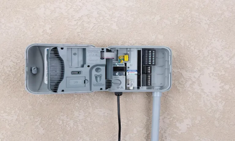 irrigation controller installed and wired on exterior stucco wall