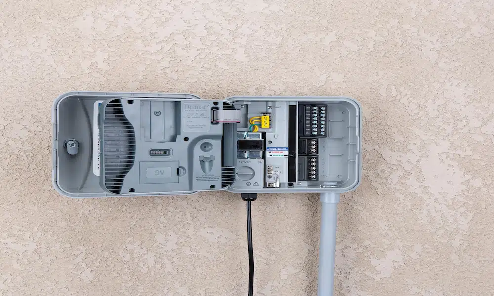 irrigation controller installed and wired on exterior stucco wall