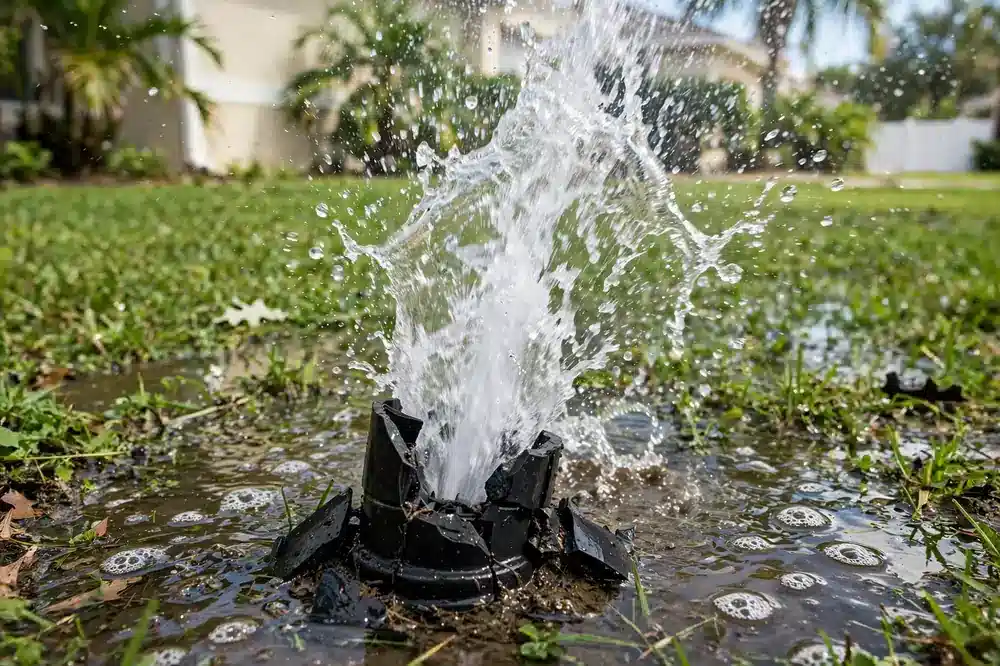 Broken lawn sprinkler head spraying water uncontrolled onto a flooded grass lawn.