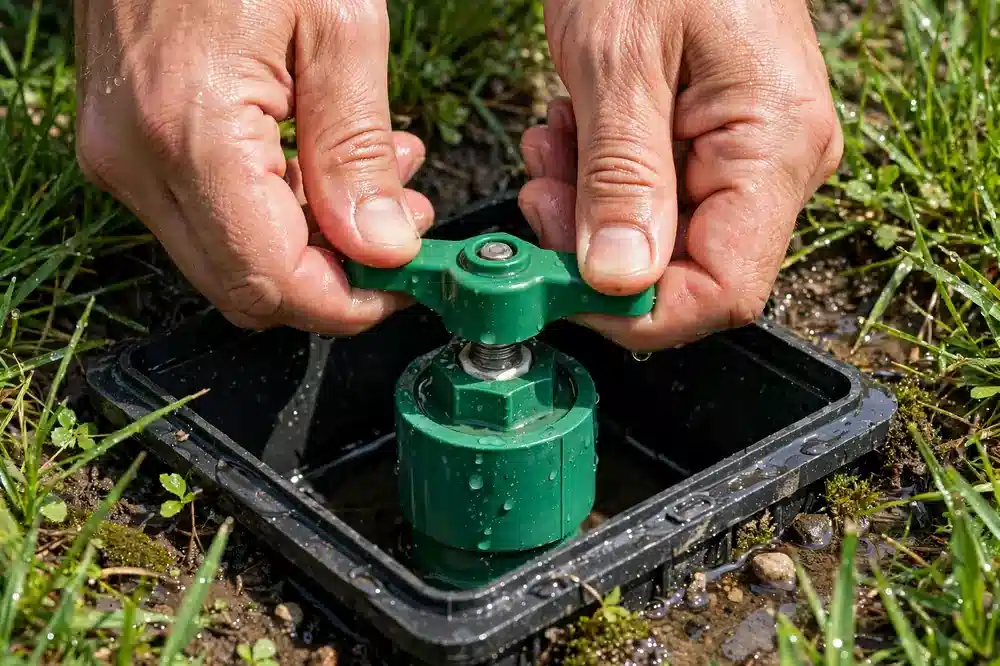 Hands turning off a green sprinkler shut-off valve key in an underground box