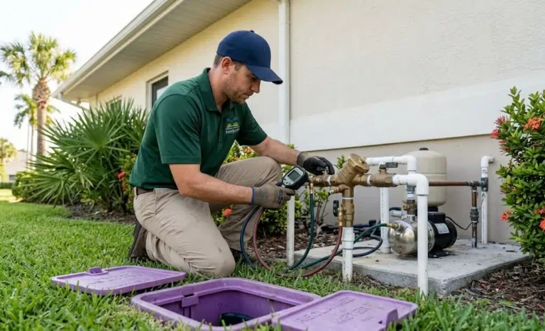Backflow test gauge connected to an irrigation assembly beside a reclaimed water meter box in Port Orange