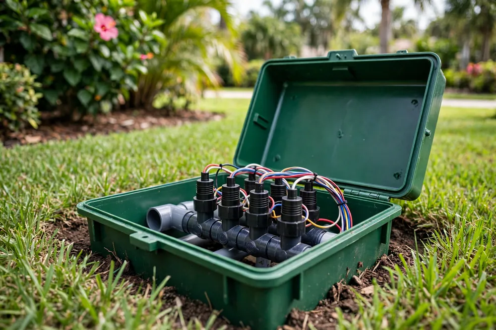New solenoid valve manifold with colored wires inside an open green valve box in a lawn