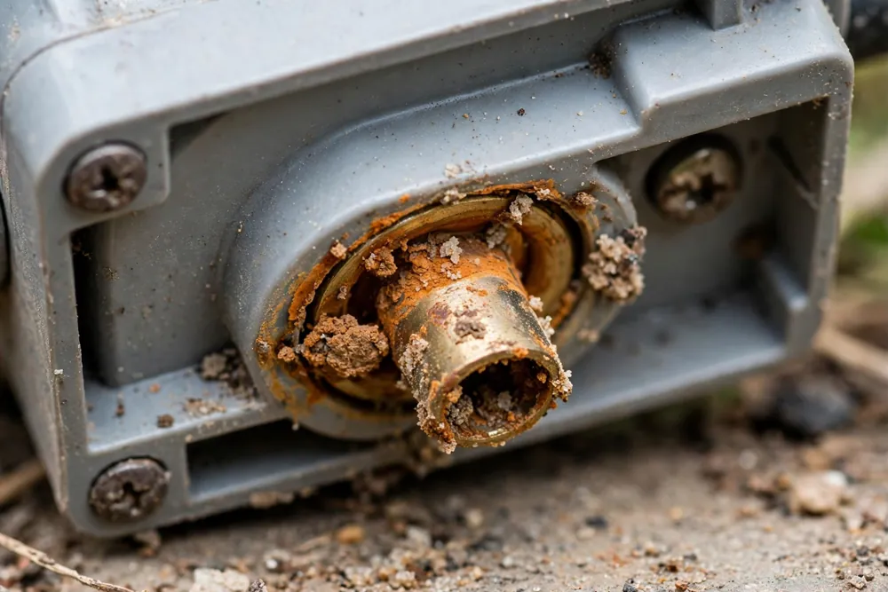 Close-up of a clogged pressure switch sensing tube with orange iron buildup
