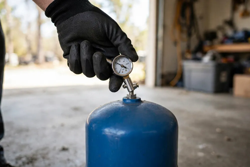 Tire gauge checking the air charge on a blue pressure tank air valve