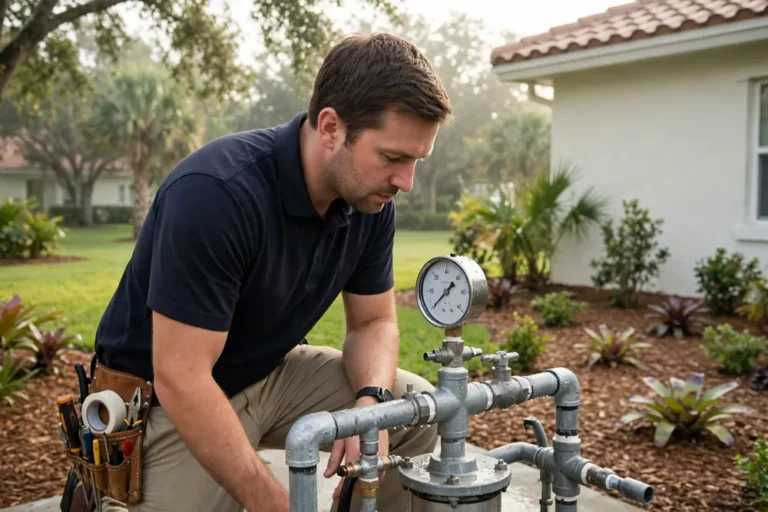 Technician checking the pressure switch gauge on an irrigation pump