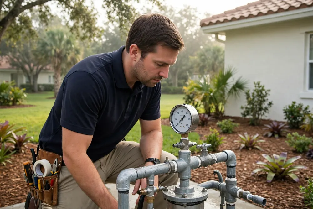 Technician checking the pressure switch gauge on an irrigation pump
