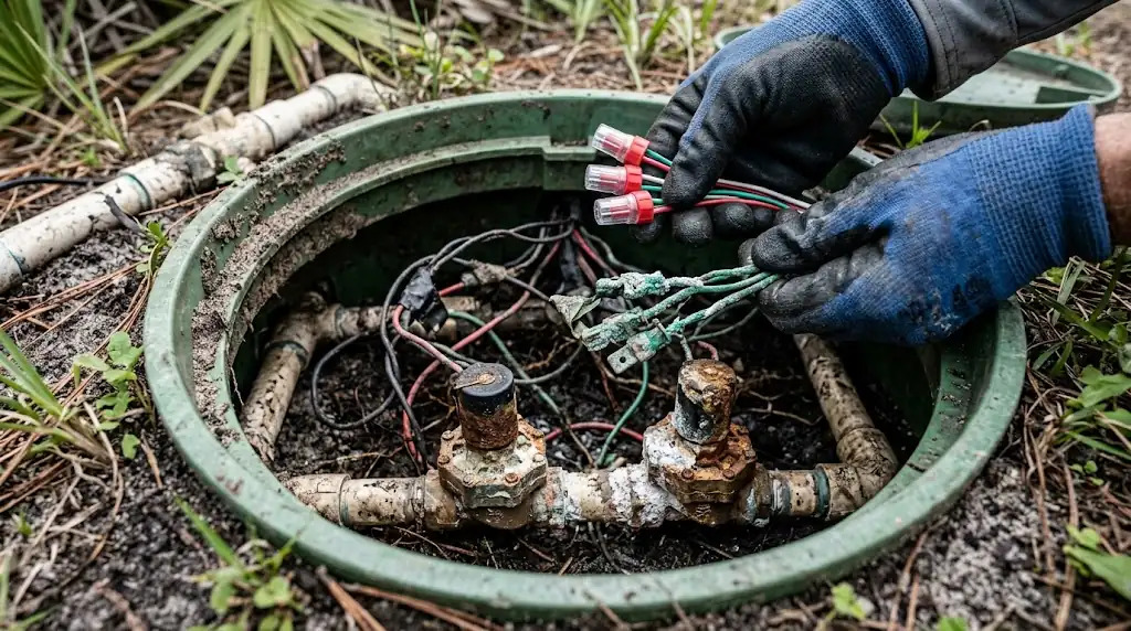 Corroded irrigation valves and wire splices being replaced in a coastal valve box in Flagler Beach