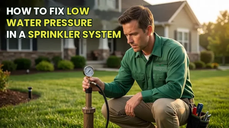 Irrigation technician testing sprinkler water pressure with a gauge on a lawn riser