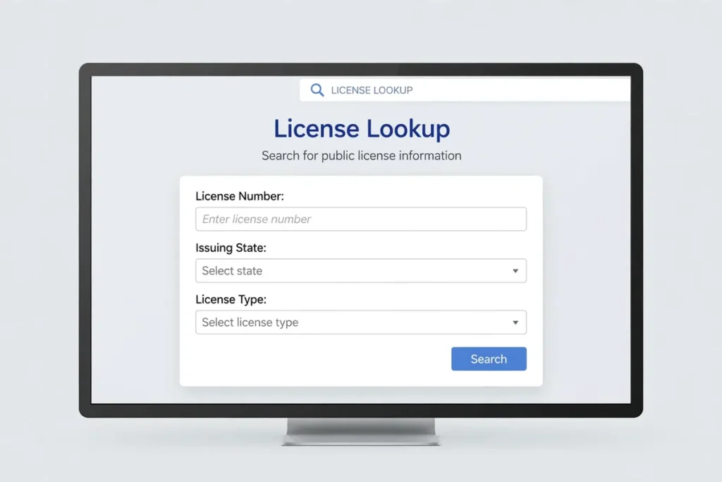 Generic license lookup screen mockup with blank search fields and no personal data