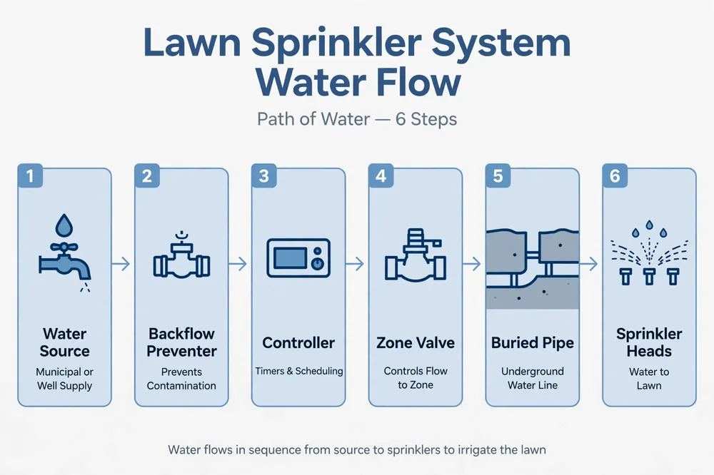 Flow diagram showing water moving from source through backflow preventer, controller, zone valve and buried pipe to sprinkler heads