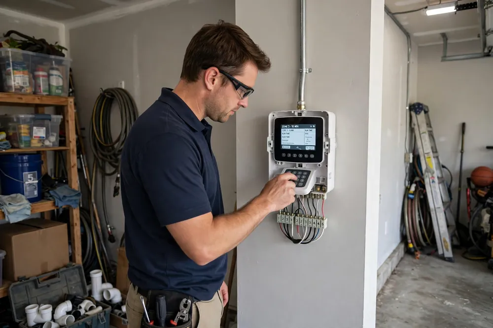 Technician programming a wall-mounted sprinkler controller in a residential garage