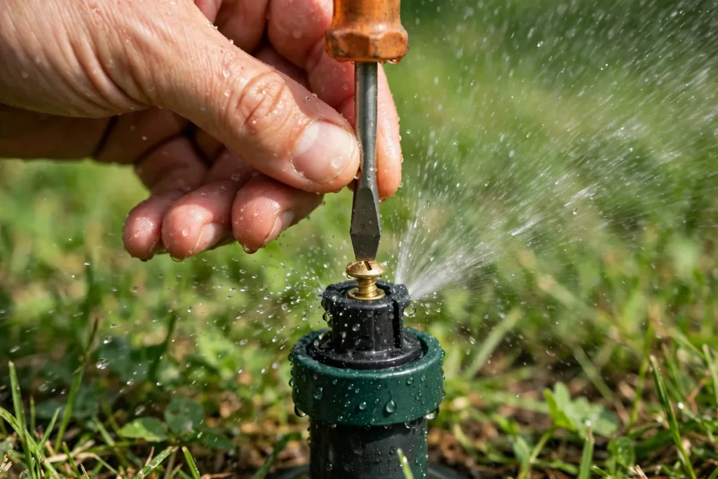 Flat screwdriver turning the radius screw on top of a pop-up spray sprinkler nozzle