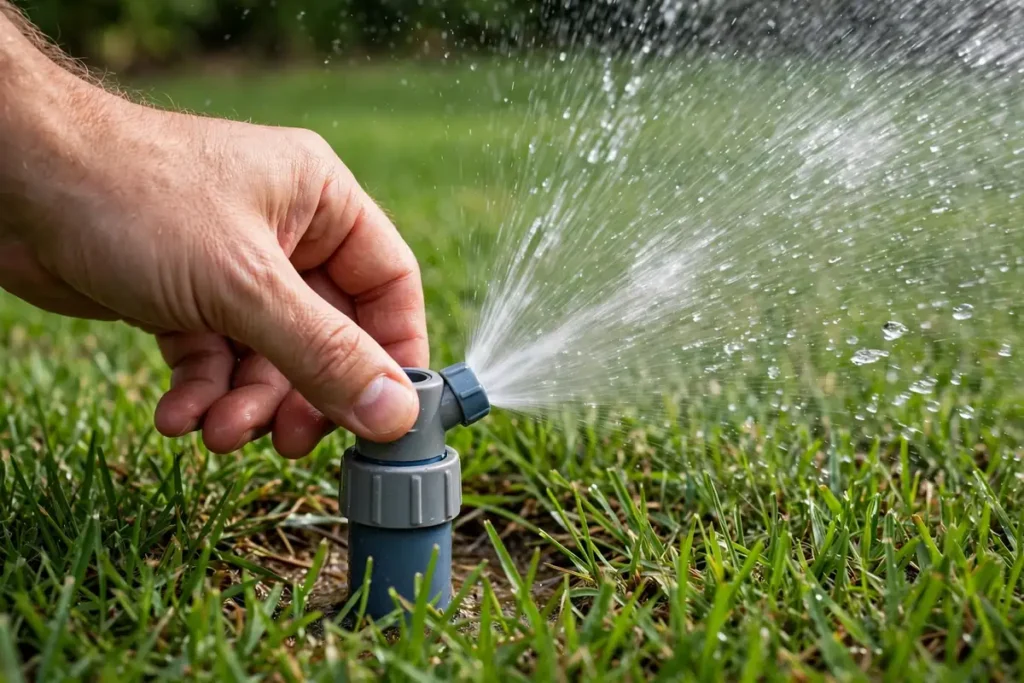 Hand twisting an adjustable-arc sprinkler nozzle collar while the spray head runs