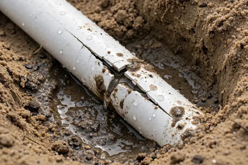 Cracked white PVC sprinkler lateral pipe exposed in an open hole in sandy soil