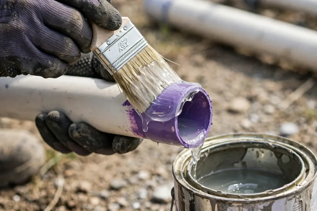 Worker brushing purple primer and PVC cement onto the cut end of a white PVC sprinkler pipe
