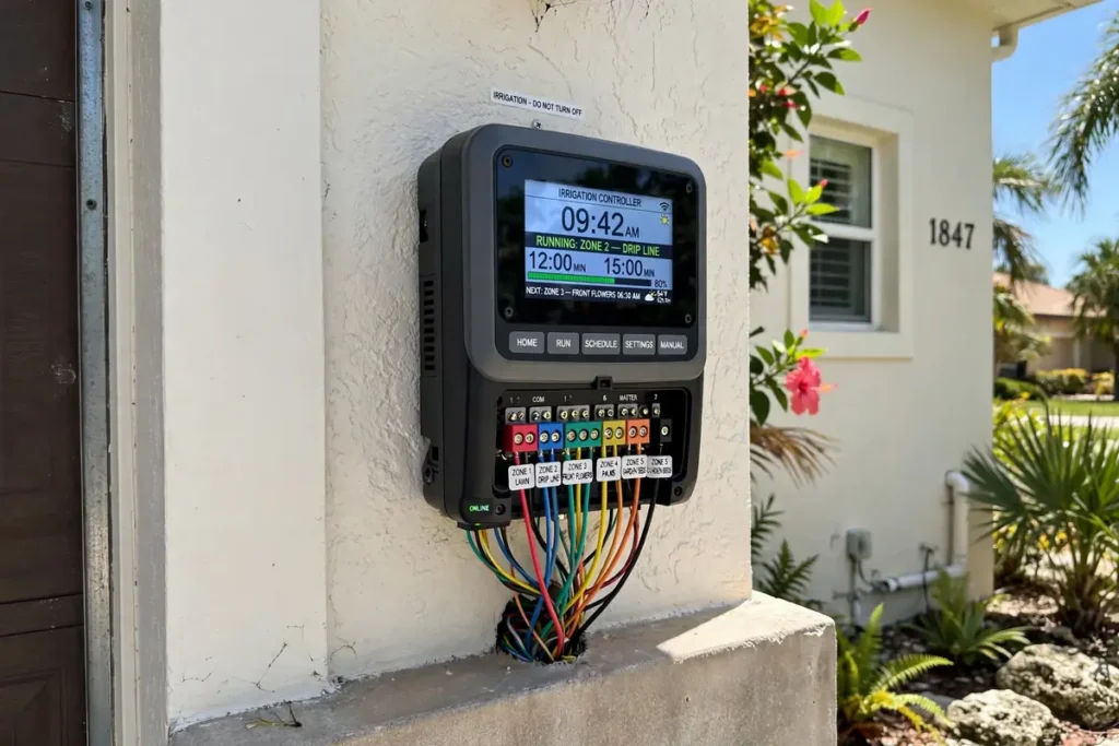 Irrigation system controller with digital display mounted on a Florida home exterior wall
