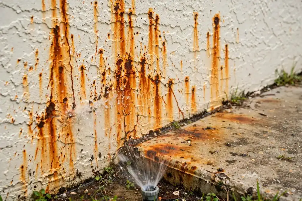 Orange iron stains running down a stucco wall and driveway edge from a misaimed sprinkler head