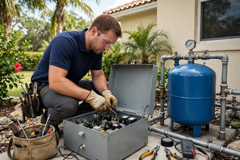 Technician in a navy polo wiring a pump start relay box beside a blue pressure tank