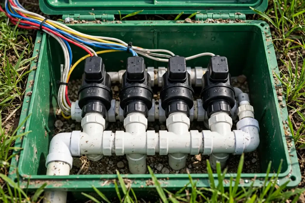 Irrigation valve manifold with zone valves inside a valve box - each valve controls one zone